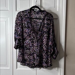 Express Black Sheer Floral Blouse with Blue, Cream and Pink Accents. Sz L